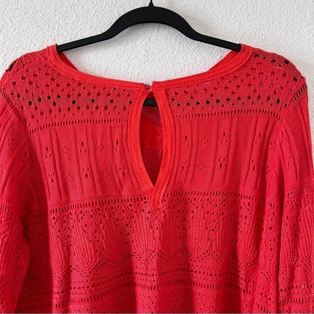 Free People Knit Crochet Eyelet Flare Sleeve Linen Blend Top Women Medium Orange